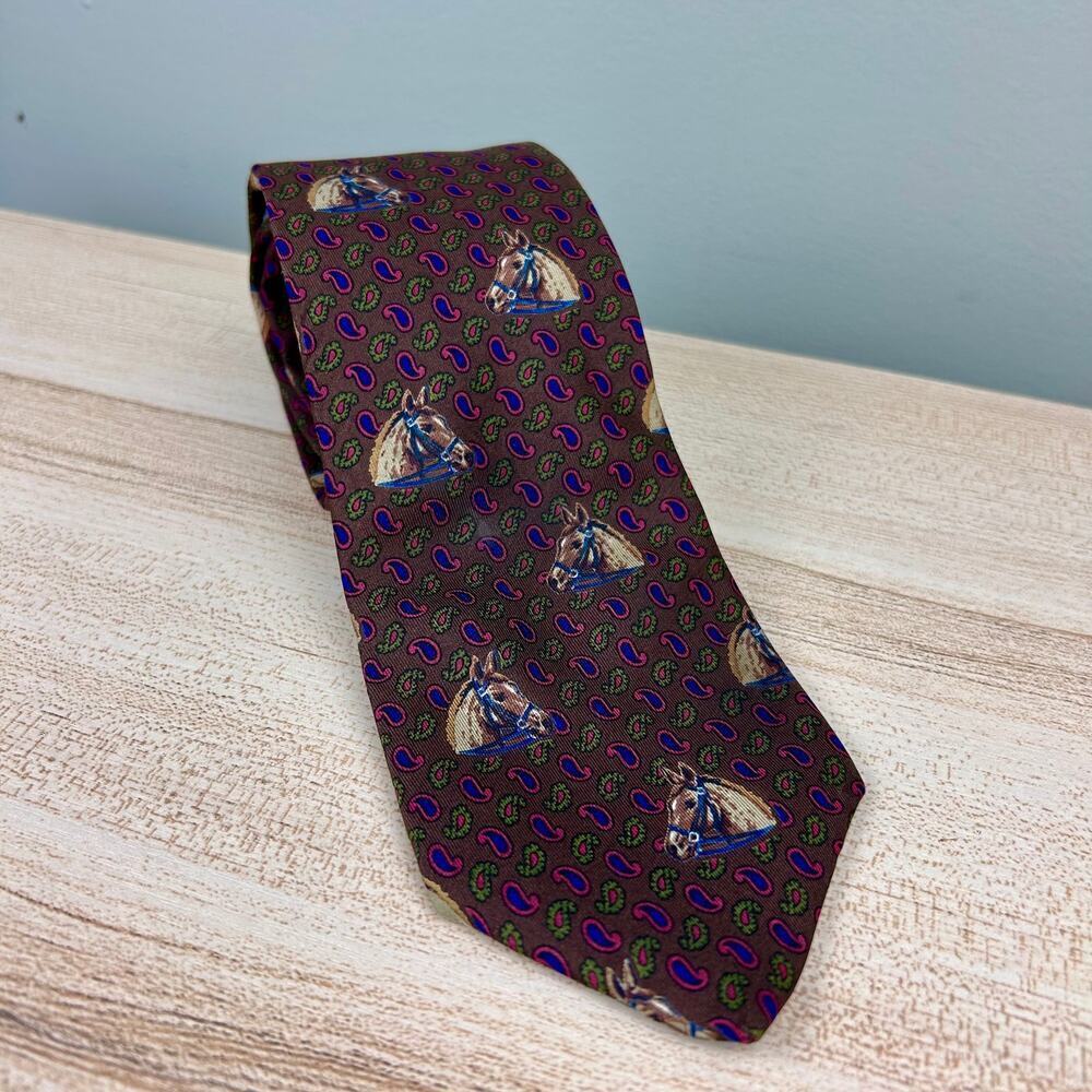 Etro Silk Necktie Horse Equestrian Brown Tan Paisley Boho Luxury Designer Tie